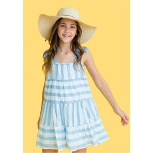 Girls tiered tie strap mini dress blue white striped sleeveless